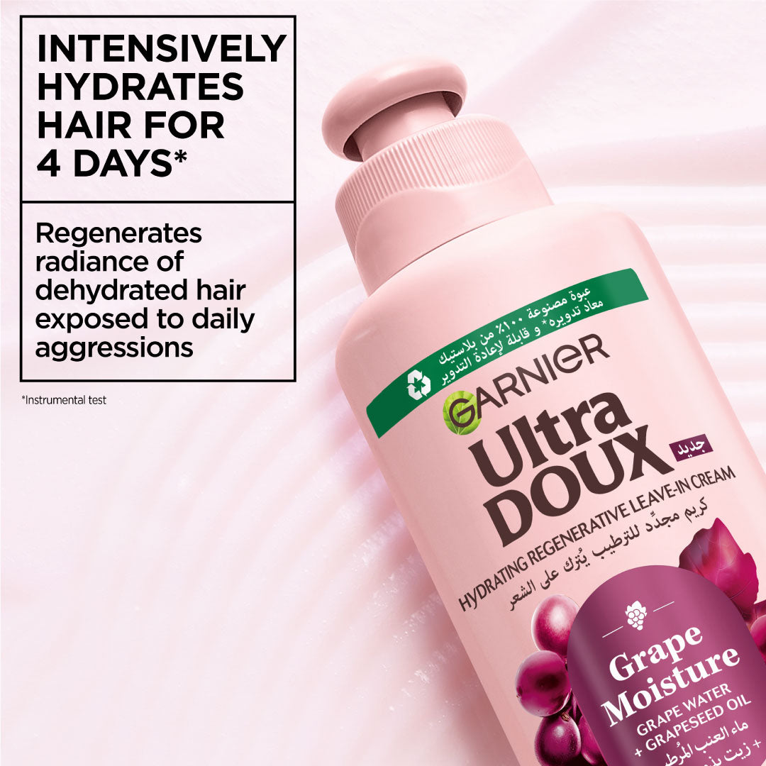 Garnier Ultra Doux hair care product with text highlighting hydration benefits on a pink background