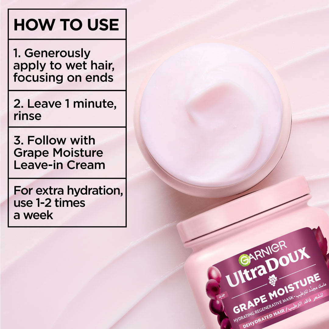 Garnier UltraDoux Grape Moisture hair mask with usage instructions on a pink background