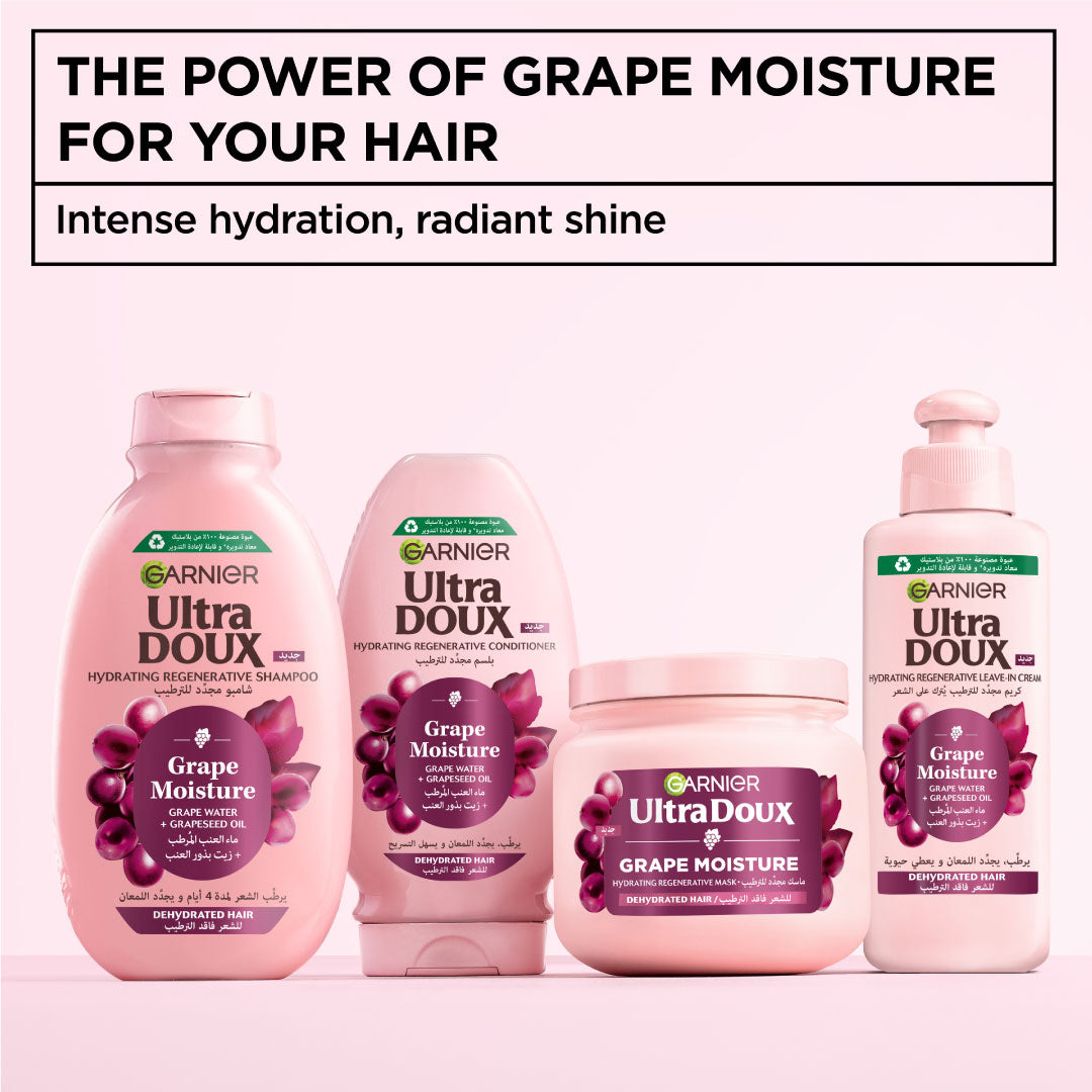 Garnier Ultra Doux Grape Moisture hair care products on a white background
