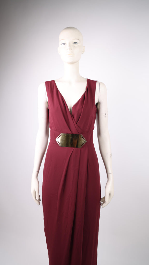 ACCESS Access long dark red dress with gold accessory on the waist | Loolia Closet