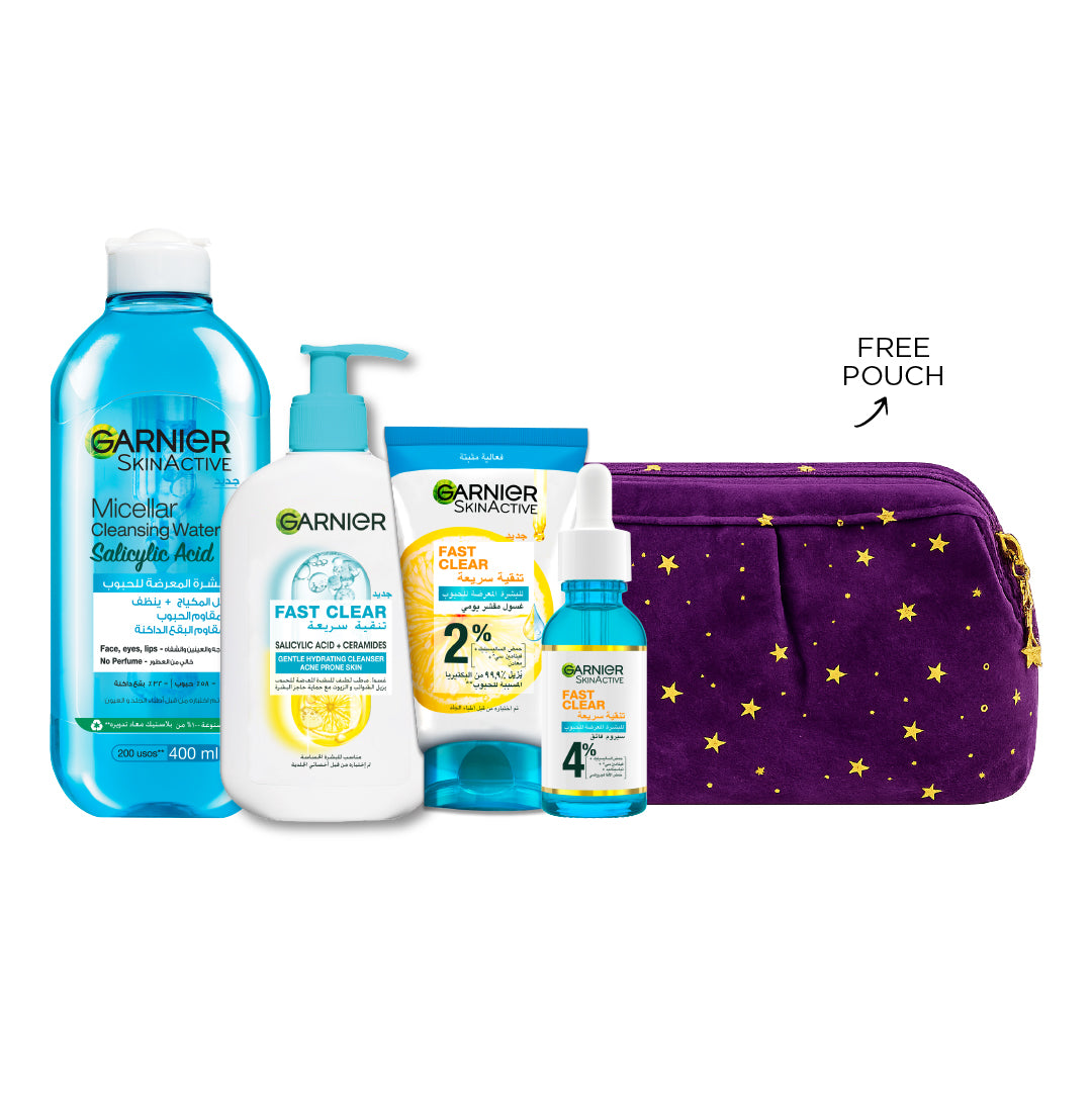 Fast Clear Micellar Water 400 ML + Tube Wash 150 ML + Gentle Cleanser 250 ML + Serum 30 ML + FREE Ramadan Purple Pouch  At 25% OFF