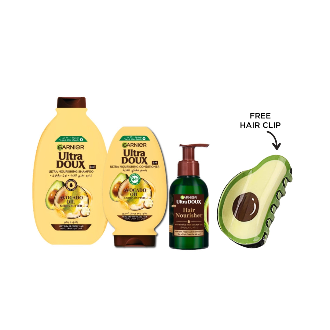 Ultra Doux Pure Avocado Shampoo 400 ML + Conditioner 200 ML + Oil 115 ML + FREE Hair Clip