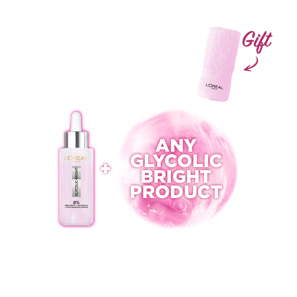 L'Oréal Paris Glycolic Bright Serum + Any Glycolic Bright product + FREE Pink Towel | Loolia Closet
