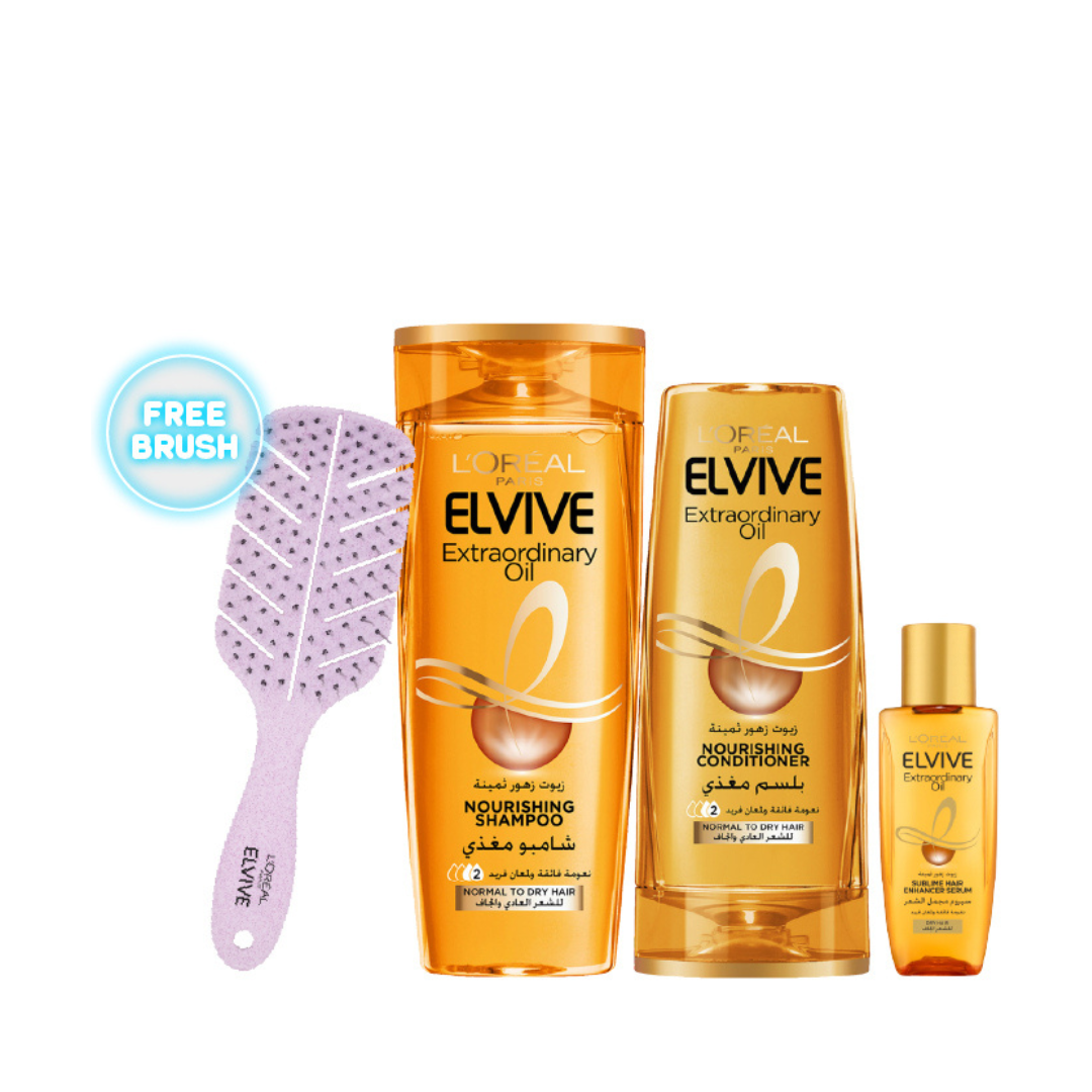 Elvive Extraordinary Oil Shampoo 400 ML + Conditioner 200 ML + Serum 100 ML + FREE Comb At 20% OFF