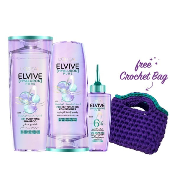 L'Oreal Paris - Elvive Hyaluron Pure Shampoo + Conditioner 200 ML + Serum + FREE Crochet Bag