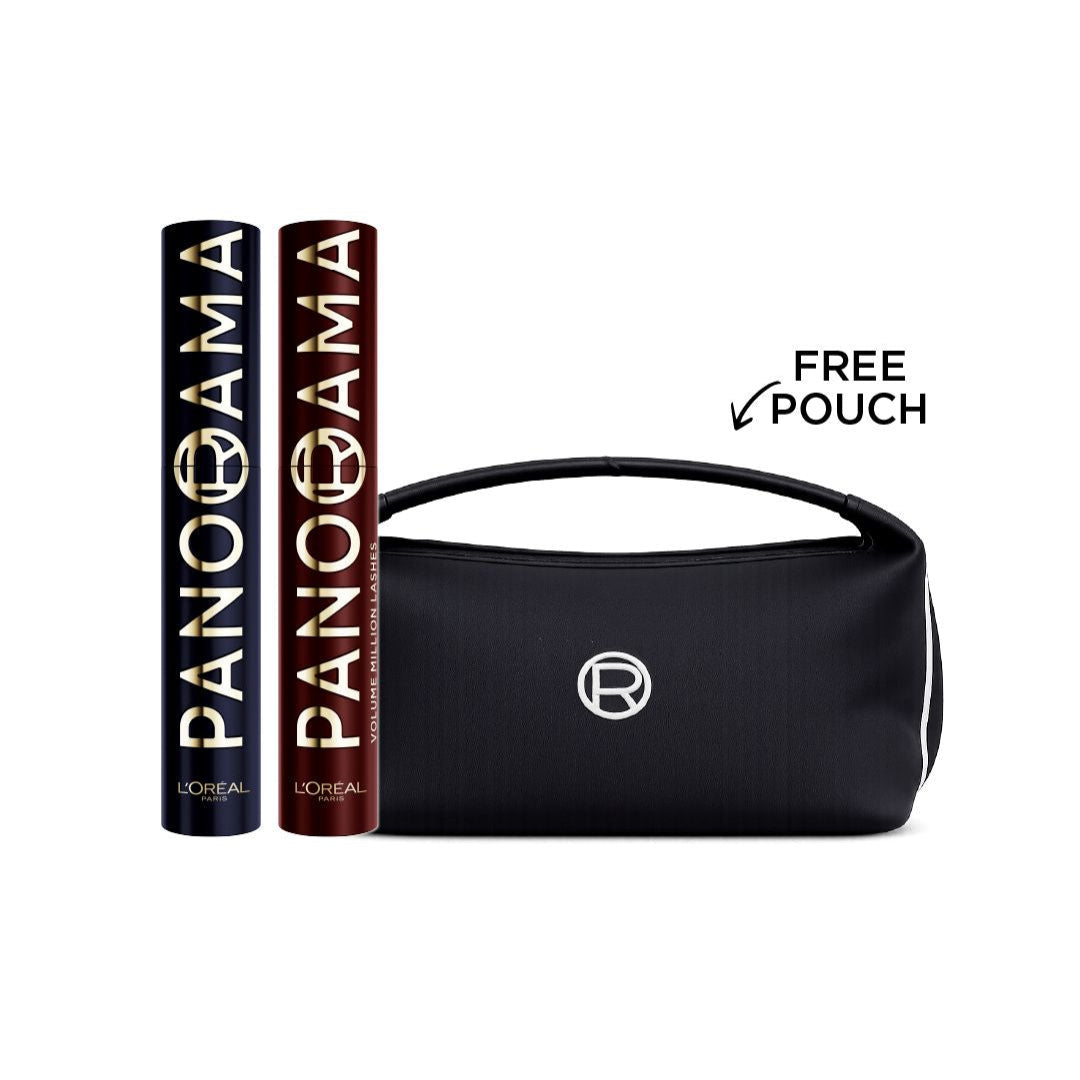 Loreal Paris Panorama mascara duo blue suede burgundy cashmere with free black cosmetic pouch volumizing lengthening lashes

