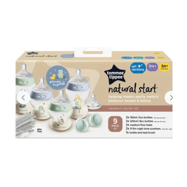 Natural Start, Anti-Colic Baby Bottles, 0m+, Slow & Medium-Flow, Set of 9, blue theme