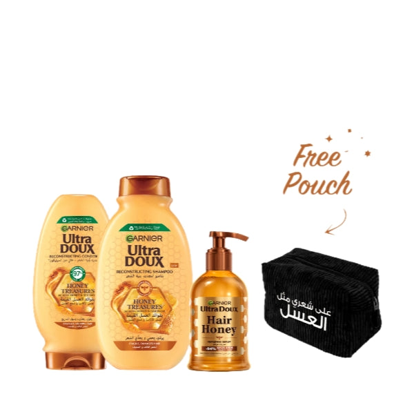 Garnier Ultra Doux Honey Treasures Shampoo 400 ML + Conditioner 200 ML + Serum 115 ML + FREE Pouch | Loolia Closet