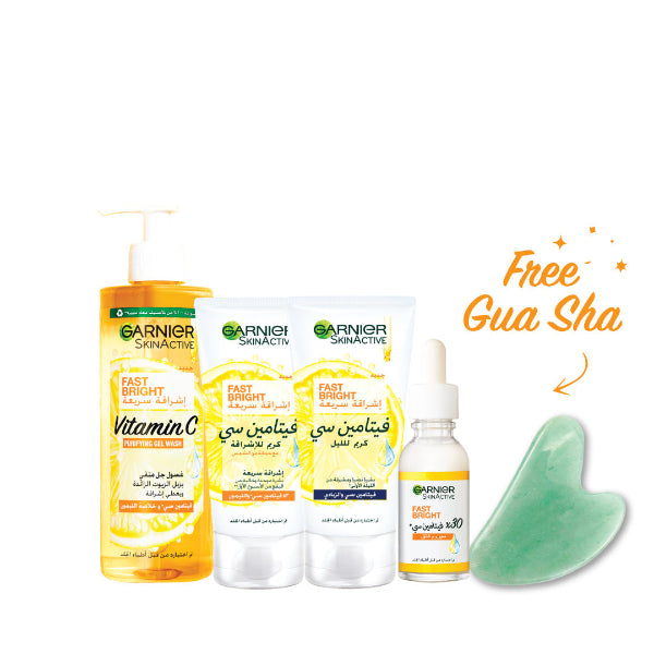 Garnier Fast Bright Gel Wash + Day Cream + Night Cream + Serum + FREE Guasha At 20% OFF | Loolia Closet
