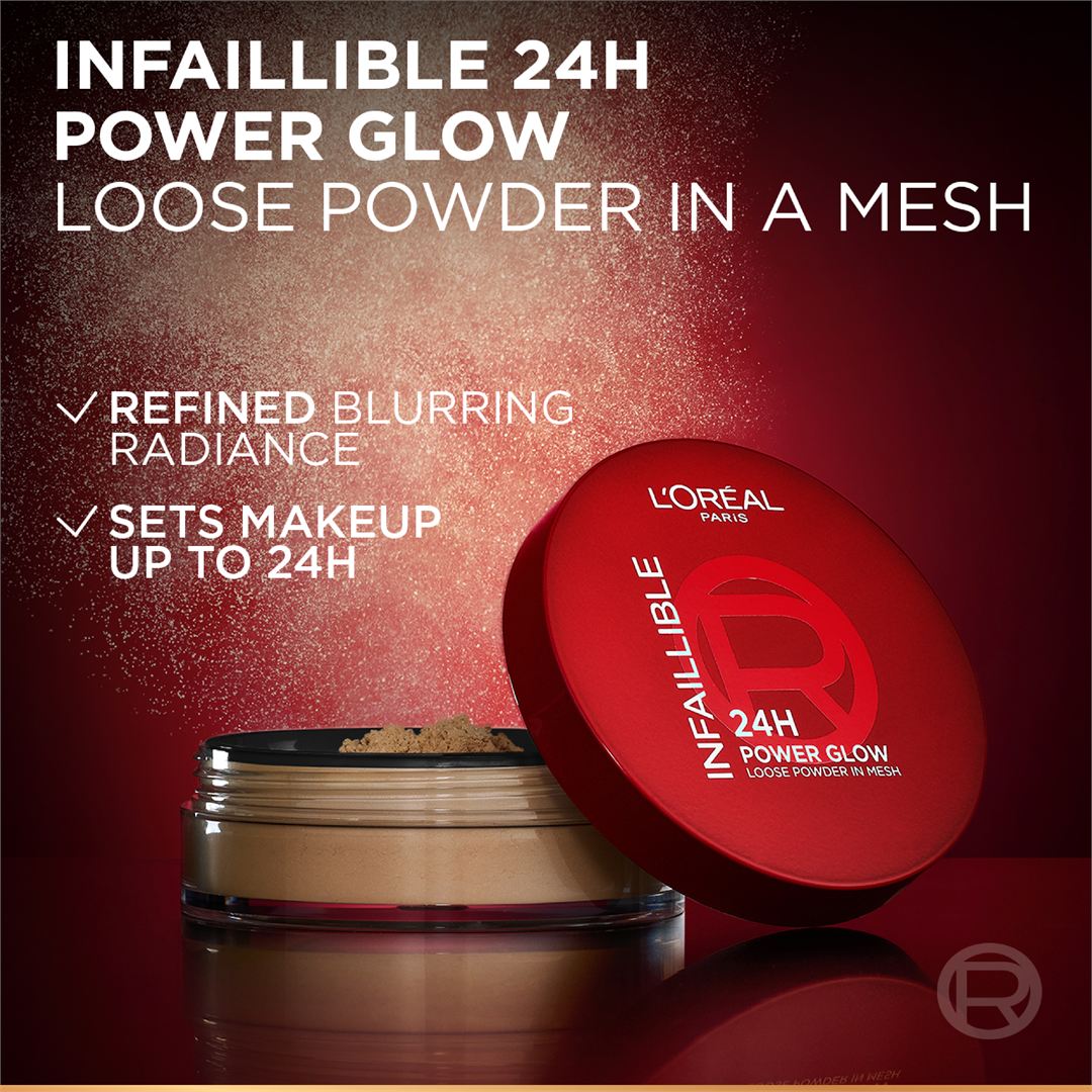 Infaillible 24H Power Glow Loose Powder in Mesh, Pore Blurring, Radiant Glow, and Hydrating Formula 9.5g