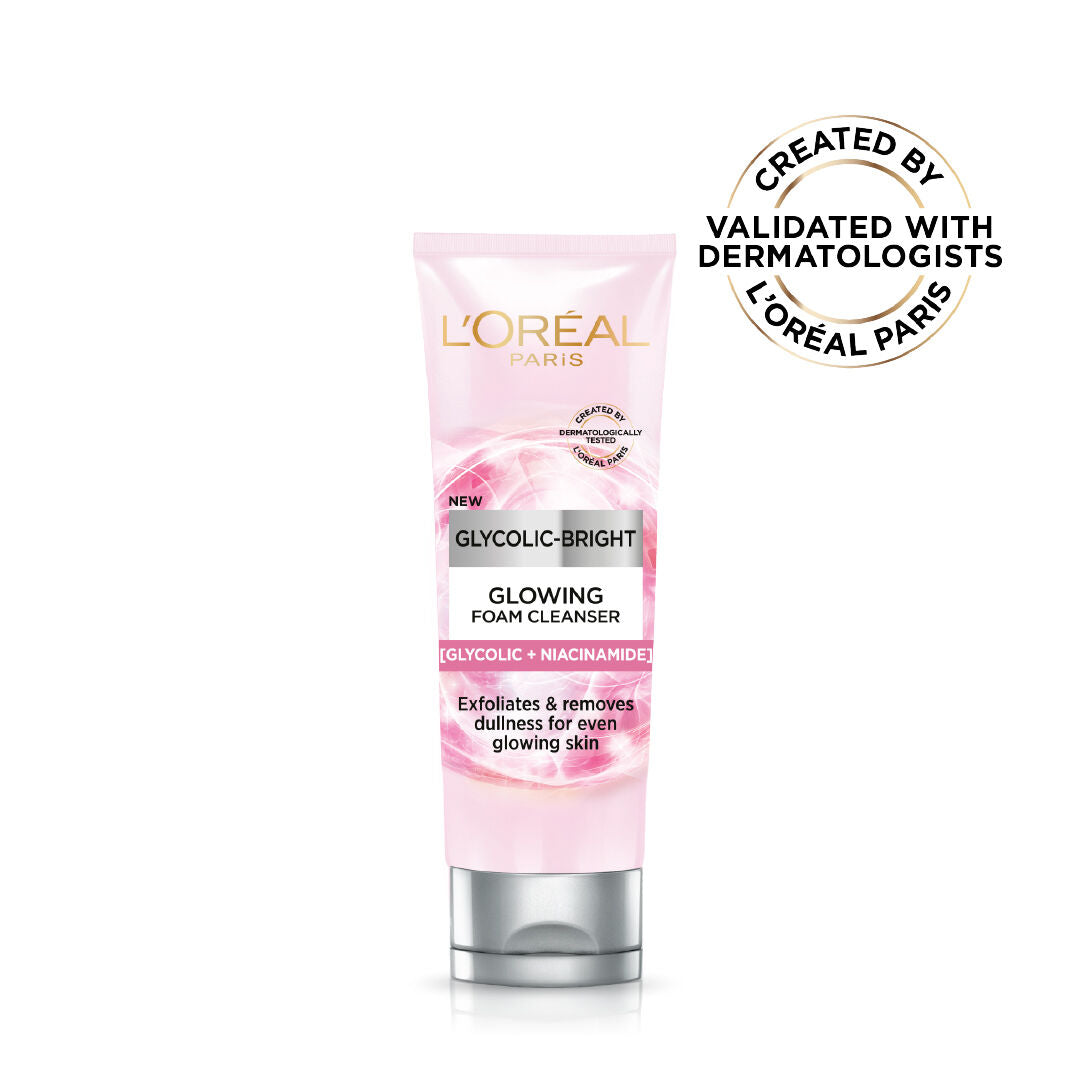 L’Oréal Glycolic Bright foam cleanser 100ml with glycolic acid and niacinamide for glowing skin