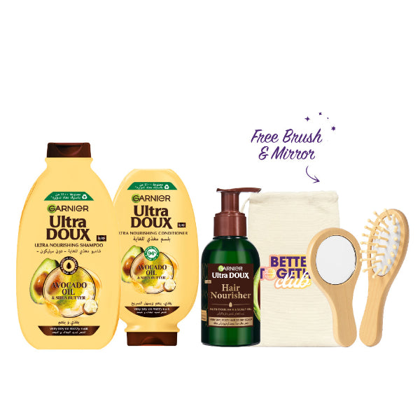 Ultra Doux Pure Avocado and Shea Butter Hair Nourisher + Avocado & Shea Butter Shampoo + Conditioner + FREE Brush & Mirror Set
