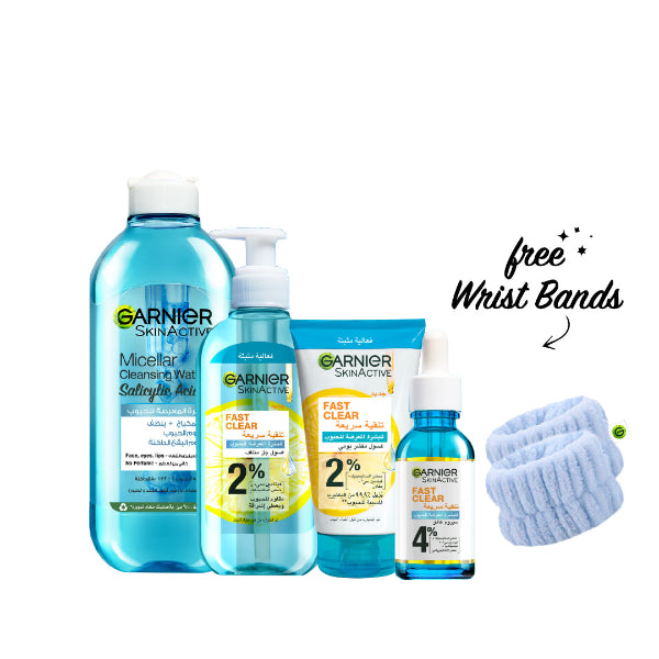 Garnier Fast Clear Gel Wash + Exfoliating Wash + Micellar + Serum + FREE Blue Wrist Bands At 20% OFF | Loolia Closet