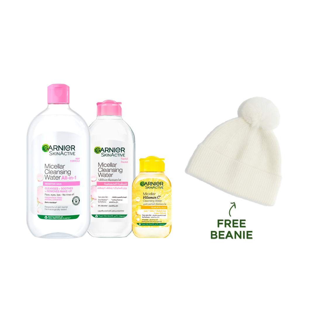Micellar Water Facial Cleanser 700ML + 400ML + Vitamin C 100ML + FREE Beanie At 15% OFF