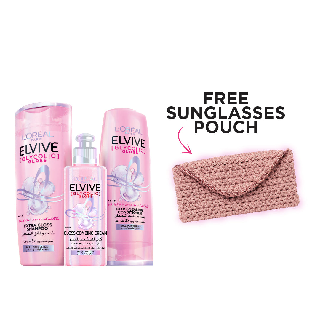 Elvive Glycolic Gloss Shampoo 400 ML + Conditioner 200 ML + Leave-in 200 ML + FREE Pouch